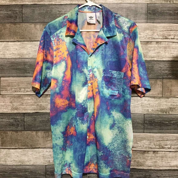 Adidas Mesh Jersey Button Up Shirt Men’s S Blue Tie Dye Embroidered Lightweight - Picture 3 of 10